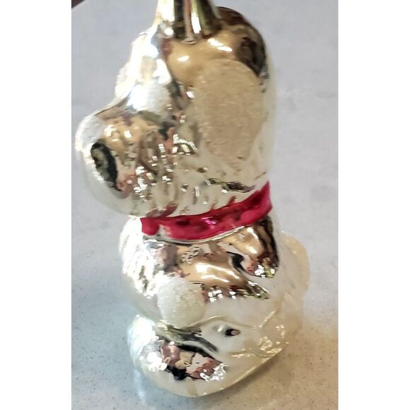 VTG Ornament German or Russian Silver Glass Dog w/ Pink Bow Snow Tufts Textured - Picture 5 of 12